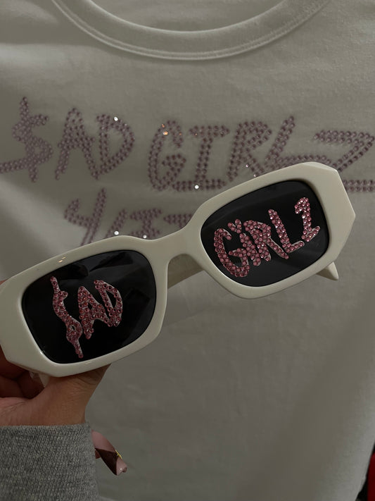 White SadGirlz Rhinestone Sunglasses