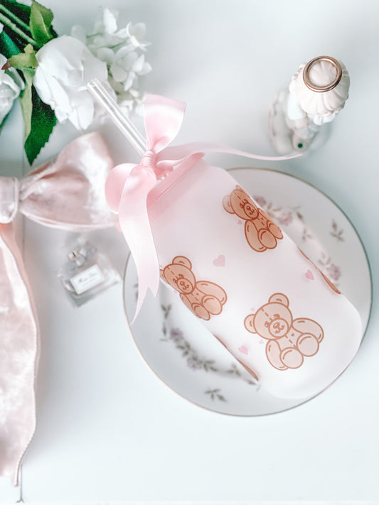 Pink Teddy Hearts Glass Cup